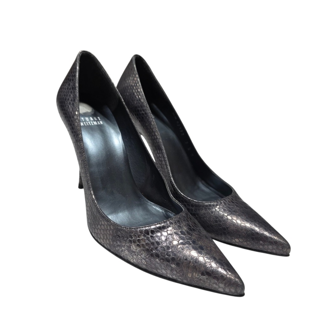 Stuart Weitzman Daisy Pumps Women 9 Gunmetal Snakeskin Metallic Stiletto Heel